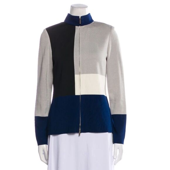 St. John Womens 10 Full Zip Light Jacket Neutral Colorblock Gray Blue Wool Blend